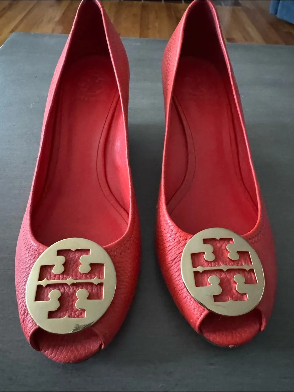 Tory Burch Coral-Red Leather Peep-Toe Wedge Pumps with Gold Logo